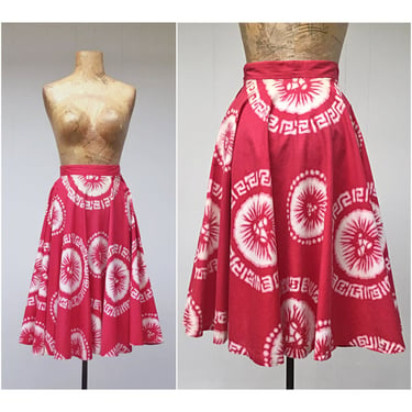 Vintage 1950s Mexican Circle Skirt, Mid-Century Red and White Cotton Novelty Print Full Skirt, X-Small 24