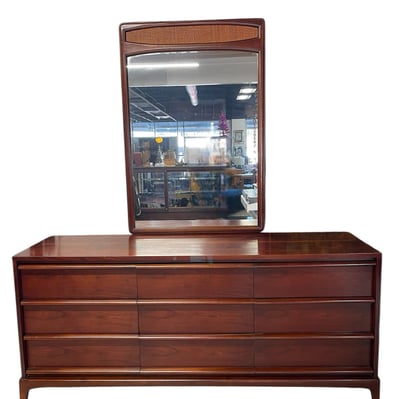 Mid Century Walnut &#8216;Rhythm&#8217; Collection Lowboy Dresser with Cane Mirror by Lane Furniture, c. 1970