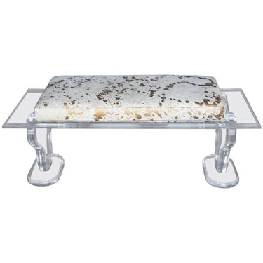 Lucite Bench with Gold Splatter Cowhide Upholstery