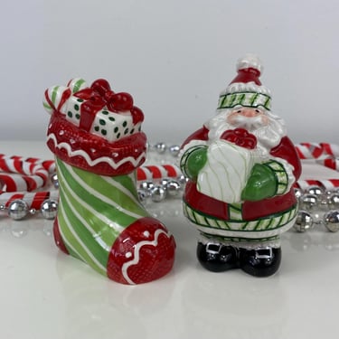 Fitz and Floyd Stocking Stuffers Salt & Pepper Shaker Set, Large colorful Stocking, Santa holding gift, Santa Stuffing stockings Collectible 