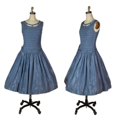 1950s Dress ~ Dusty Blue Taffeta Ruched Bodice Drop Waist Full Skirt Party Dress 