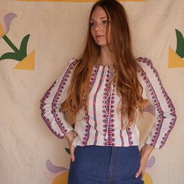 Vintage Embroidered Peasant Blouse / Red and Blue Embroidered Cotton Hippie Blouse / Penny Lane Blouse / Sixties Cotton Tunic Shirt 
