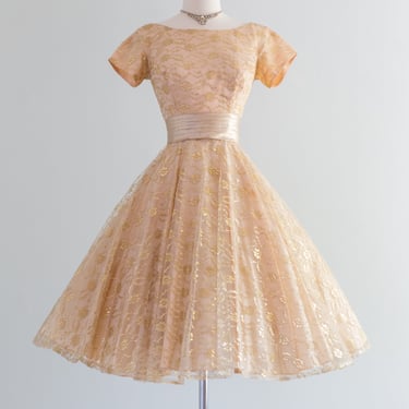 Fabulous 1950's Gold Shimmering Lace Party Dress By Jonny Herbert / Waist 25"