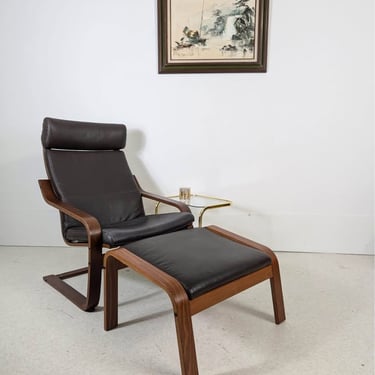 IKEA Poang Brown Leather & Teak Framed Lounge Chair & Ottoman