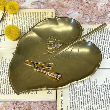 Vintage Trinket Dish Retro 1980s Bohemian + Gold + Brass Metal + Leaf Shape + Jewelry or Change + Catchall + Boho Decor + Made in India 