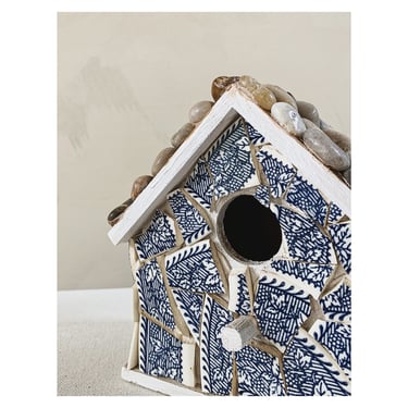 Vintage Wood Bird House with Mosaic Tile, Folk Art 