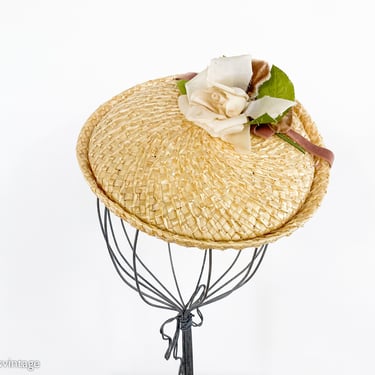 1940s Straw Tilt Hat | 40s Woven Straw Flower Hat 