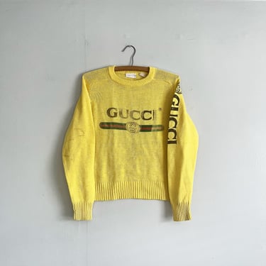 Vintage 80s Italian Made Gucci Bootleg Knit Sweater Acrylic Yellow Distressed Size M to S 