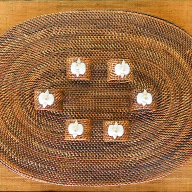 Set of Six Rattan Placemats and Shell Napkin Rings