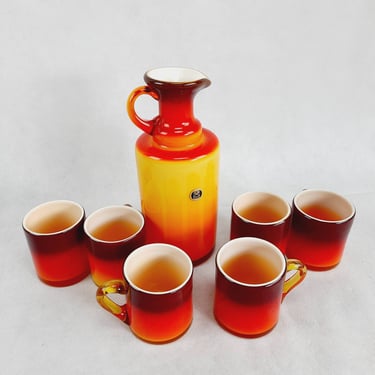 Set of Six Cups and Pitcher, Blow Glass, Hand Made, Orange and White Opaline Glass, Made in Yugoslavia, Vintage Drinking Set, 1970's 