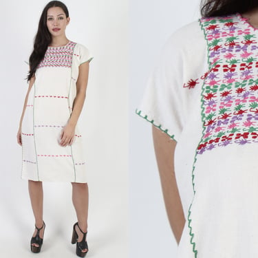 Huipil Scorpion Embroidered Dress, Vtg Mexican Woven Cover Up Mini 