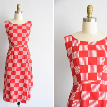 SALE 1950s Boxed Wine dress/ vintage 50s cotton dress/ red & white striped daydress 