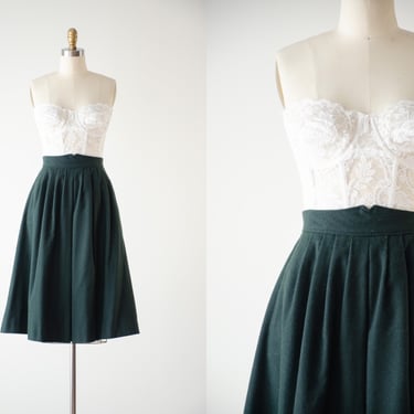 green wool skirt | 80s 90s vintage forest green dark academia fit and flare knee length skirt 