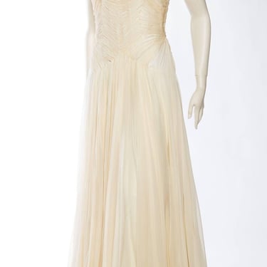 1960S RICHILENE Ivory Demi-Couture Silk Chiffon Mdm Gres Style Goddess Gown With Hand-Stitched Bodice And Miles Of Fabric 