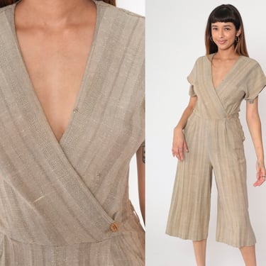 Vintage 80s Jumpsuit Taupe Striped Wrap Style with Wide Legs Cropped Capri Jumpsuit Pocket V Neck Short Sleeve Small S 