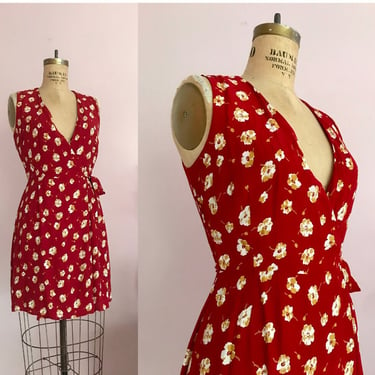 1990's Red and Gold Floral Wrap Dress from The Limited 