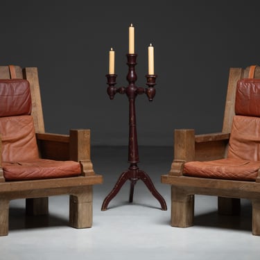 Oak & Leather Armchairs / Wooden Candelabra