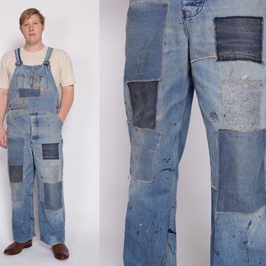 Vintage Big Mac Distressed Patchwork Overalls - 41x29 | 80s Square Bak Denim Overall Pants Blue Jean Workwear Dungarees 
