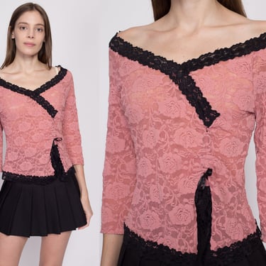 Medium Y2K Rose Pink Lace Top | Vintage Boho Off Shoulder 3/4 Sleeve Blouse 