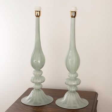 Pair of Murano glass table lamps soft green color, handmade Made in Italy Venetian design lighting 