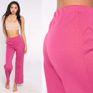 Pink Pants 70s Pull On Trousers 80s Straight Leg Elastic Waist Vintage Summer Hipster Simple Pants 1970s Retro Small S 