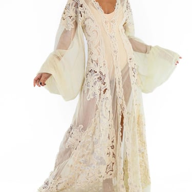MORPHEW ATELIER Cream Cotton Net & Handmade Victorian Tape Lace Gown 