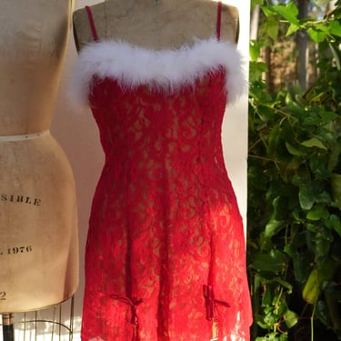 90s Slip Dress / Red Lace and White Feathers Semi Sheer Lingerie Dress / Pajama Party / Nineties Midi Dress / Lacey Lace Nightie 