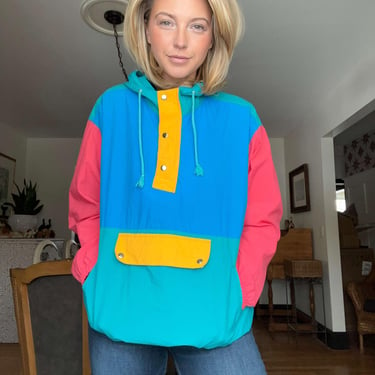 Vintage 80s/90s Color Block Windbreaker | Retro Pullover Jacket | Unisex Outdoor Hoodie | Bright Nylon Anorak | Medium Size 