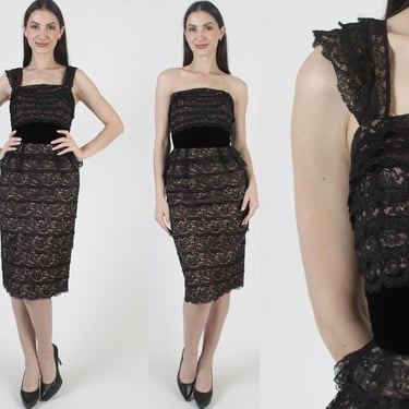 Black Lace Illusion Dress, 50s Pin Up, Convertible Strapless Gown, Tiered Pencil Skirt 