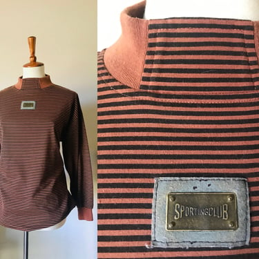 Vintage 1980s Sporting Club brown striped mock neck pullover tee size xs to medium 