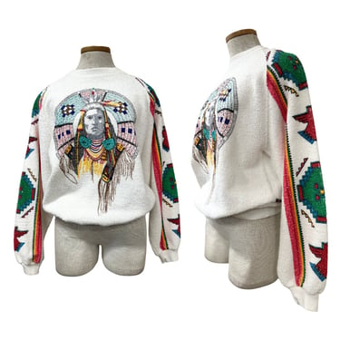 Vtg 80s 1980s Novelty Terrycloth Native American Tribal Chief Eagle Pull Over 