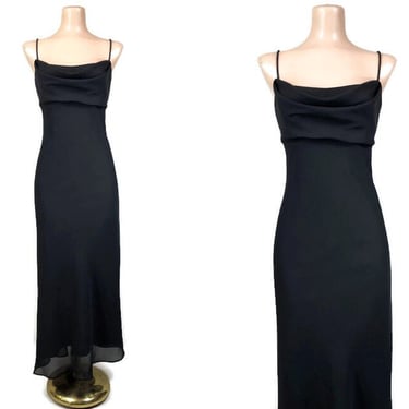 VINTAGE 90s Cowl Neck Long Slip Dress by Hampton Nites Size 12P | 1990s Petite Slinky Cocktail Dress | VFG 