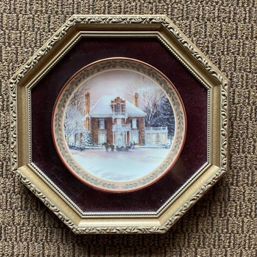 Framed Trisha Romance Winter Fantasy Christmas Plate~ Fine Bone China Winter Scene ~ Elegant Gold Ornate Octagon Frame~ Certificate included 