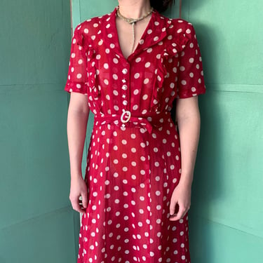 1930s Red Polka Dot Cotton Dress - Size M
