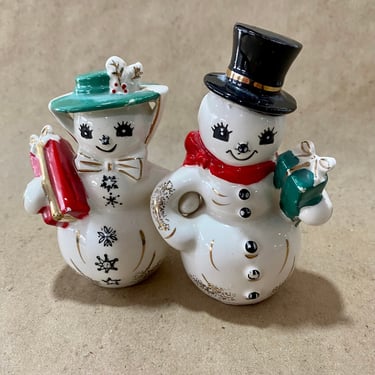 Vintage Norcrest 1950s Kitschy Snowmen Christmas Couple Salt & Pepper Shakers Figurines Japan 