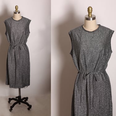 1960s Black and Silver Metallic Lurex Sleeveless Belted Shift Dress by Koret of California -M 