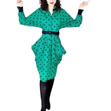 Vintage 80s Does 40s Green Polkadot Print Dress Peplum Pockets  / Strawberry Studio / S 