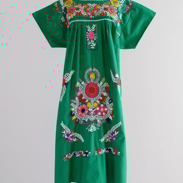 Vintage 1970's Kelly Green Mexican Huipil Style Dress / XL