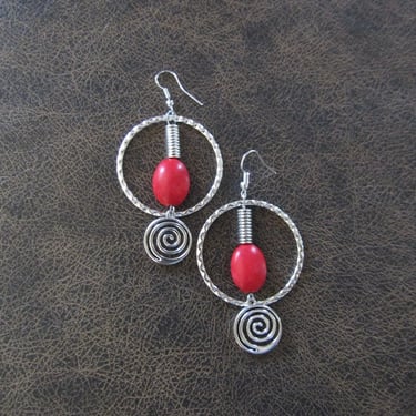 Hammered hoop earrings, Bohemian boho earrings, red stone, unique artisan earrings, mid century 