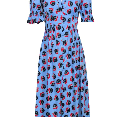 Diane von Furstenberg - Blue w/ Red & Black Floral Short Sleeve Button Front Dress Sz 4