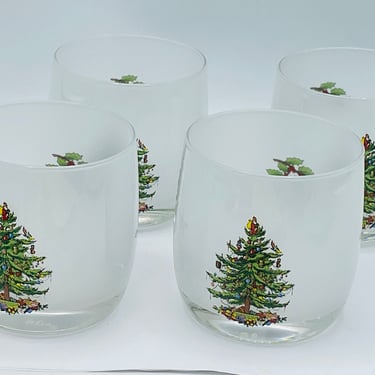 Set of (4) classic Christmas Tree pattern Tumblers- Rocks Glasses Heavy Bottoms- Frosted- Rare Find 