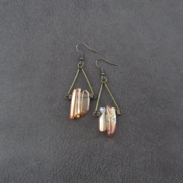Raw quartz crystal earrings, rustic boho chic earrings, unique geode natural bohemian mid century modern brutalist artisan, bronze 