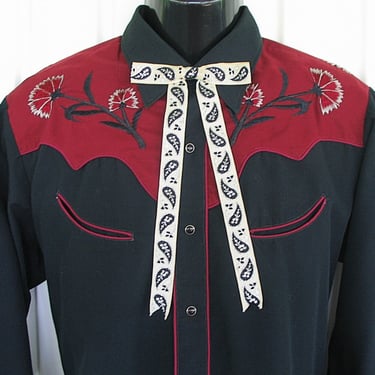 Karman Vintage Western Men's Cowboy & Rodeo Shirt, Black and Burgundy, Embroidered Floral Designs, 15.5-32, Approx. Medium (see meas. photo) 