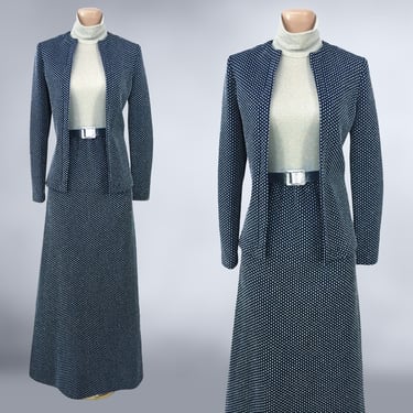 VINTAGE 70s Knit Maxi Dress and Jacket 3 pc Set in Silver Metallic Lurex and Navy Blue Sz 10 | 1970s Hostess Gown, Jacket, Belt Outfit | VFG 