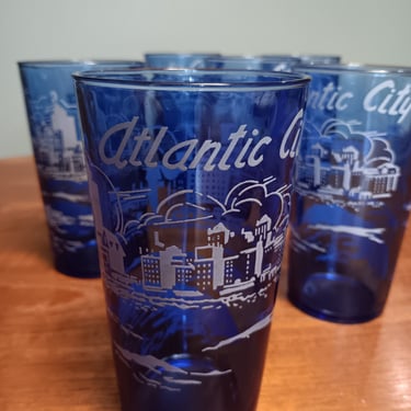 Atlantic City Souvenir Glasses | Set of 6 Vintage Cobalt and White 