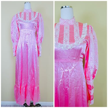 1970s Vintage Silky Pink Lace Bib Maxi Dress / 70s Folk Shiny Satin Prairie Dress / Small - Medium 