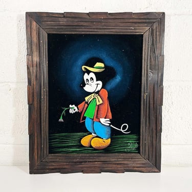 Vintage Mickey Mouse Black Velvet Painting Framed Wood Frame Painted Original Artwork Disney 1960s 1970s Cartoon Amateur Art 