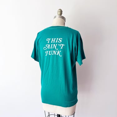 SIZE L Vintage 'This Ain't Junk' T-shirt Tee 80s / Teal Green Soft Shirt / Weaver's Furniture 1984 / Single Stitch Soft Cotton Blend 