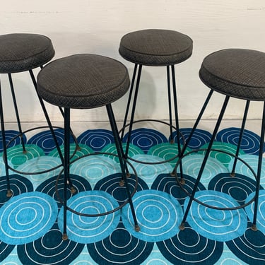 Vintage Swivel Bar Stools Set of 4 Seat Vinyl Mid-Century Black Metal Legs Gold Stool Mid Century MCM Stik-Ply Wilmat 1960s 1950s 