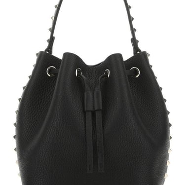 Valentino Garavani Woman Black Leather Rockstud Bucket Bag